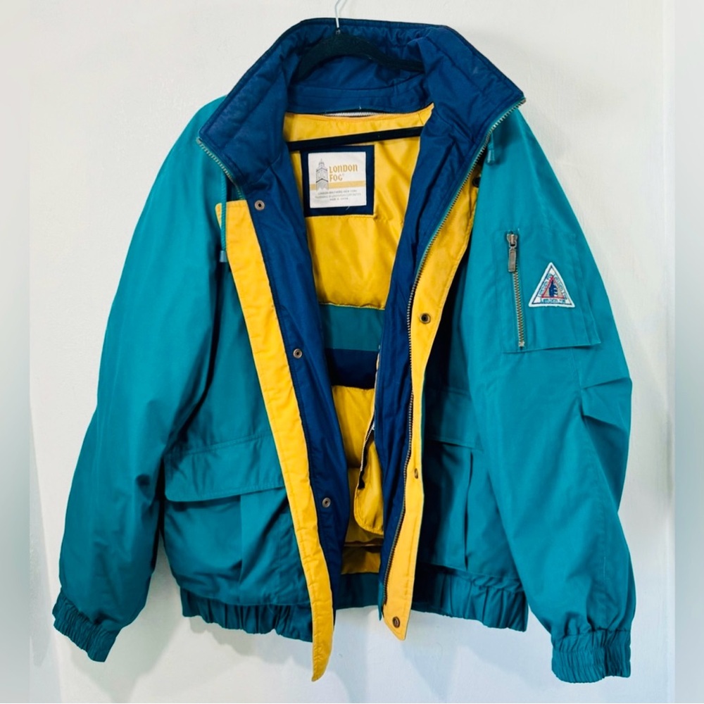 Vtg.Down London Fog blue and yellow ski parka.Removable lining.Size L Long